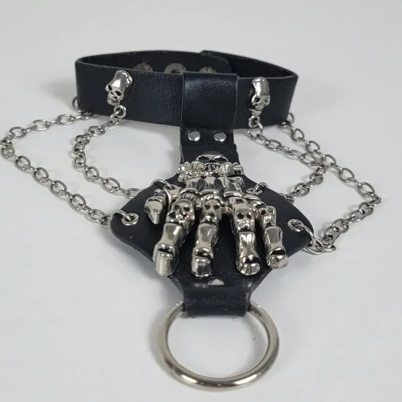 Black Faux Leather Silver Tone Skeleton Hand Slave Bracelet Punk Halloween Goth - Picture 3 of 9